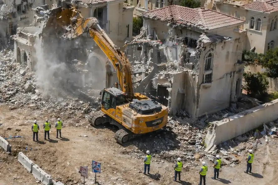Demolition site safety — workers wearing PPE hard hats high-vis vests and safety boots on a JBR Demolition Works LLC project site in Dubai UAE