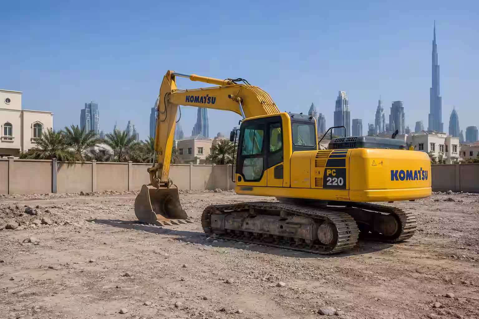 Komatsu PC220 excavator for demolition works in Dubai — JBR Demolition Works LLC heavy equipment fleet