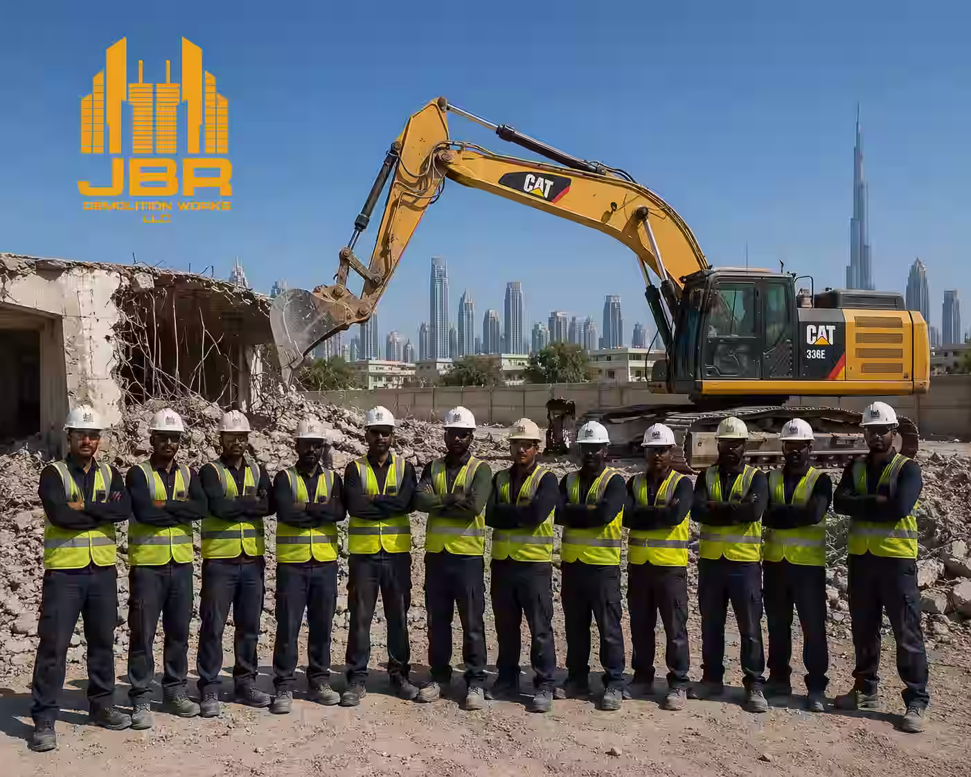 JBR Demolition Works LLC workforce executing villa demolition in Dubai — our own in-house team of operators, supervisors, and skilled labourers